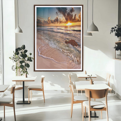 14930-MGC-FP-24x36_Walnut-Beach Sunset Wall Art Canvas Print, Framed Ocean Horizon Art Picture Print, Tropical Shore Perfect Minimalist Coastal Decor