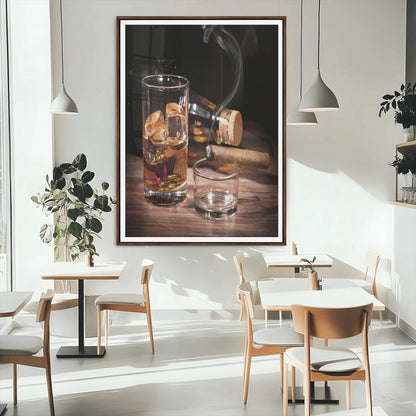13274-MGC-FP-24x36_Walnut-Whiskey Glass Wall Art Canvas Print, Framed Smoking Cigar Art Picture Print, Amber Whiskey Perfect Masculine Rustic Decor Artwork