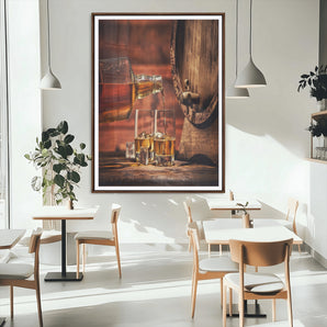 88529-MGC-FP-24x36_Walnut-Whiskey Bottle Wall Art Canvas Print, Framed Amber Liquor Art Picture Print, Rustic Barrel Perfect Rustic Vintage Decor Artwork