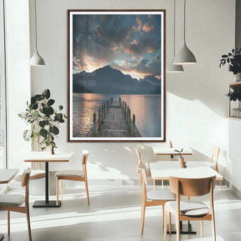 16043-MGC-FP-24x36_Walnut-Mountain Lake Wall Art Canvas Print, Framed Sunset Reflection Art Picture Print, Calm Horizon Perfect Moody Nature Decor Artwork