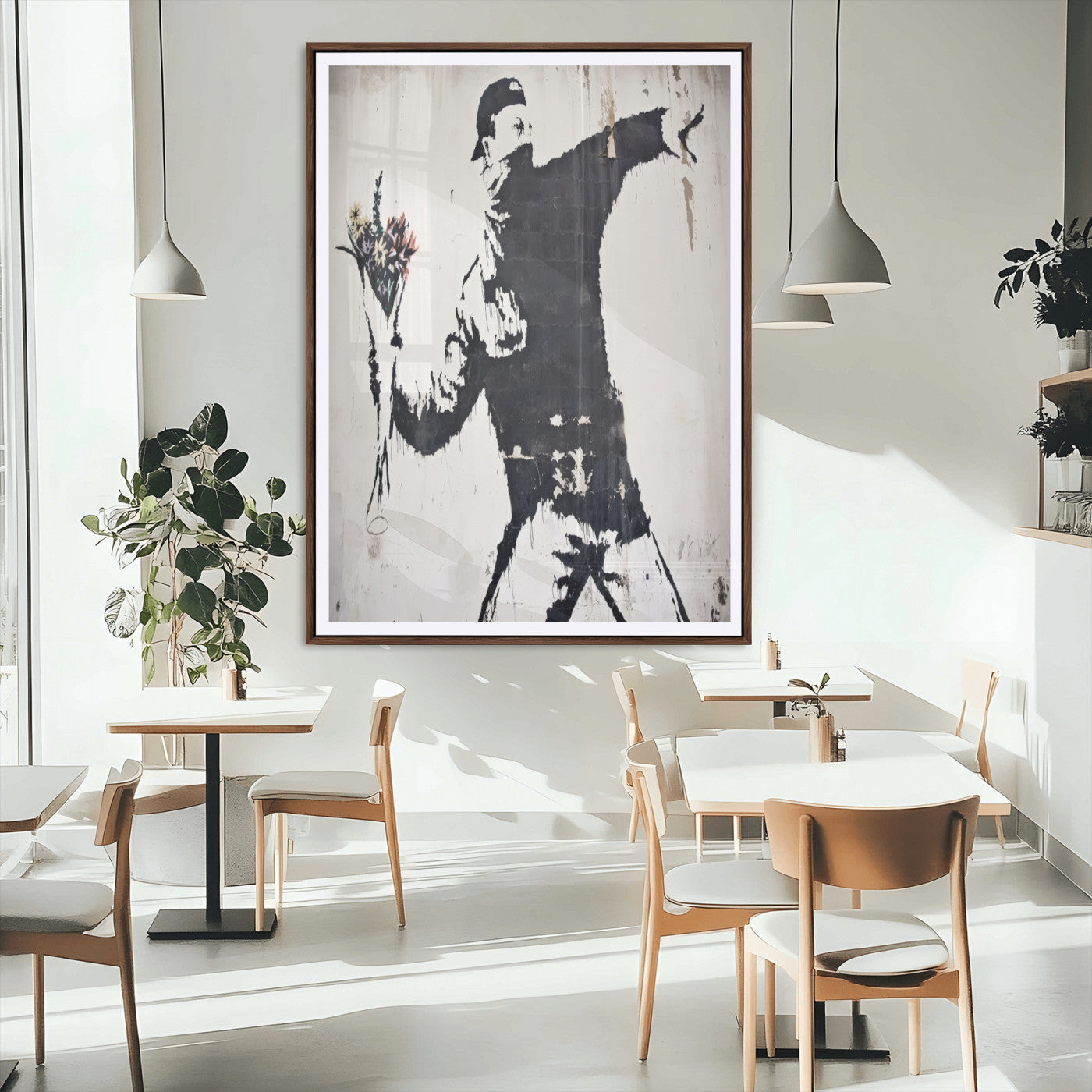 64032-MGC-FP-24x36_Walnut-Flower Thrower Wall Art Canvas Print, Framed Urban Protest Art Picture Print, Graffiti Style Perfect Urban Contemporary Decor