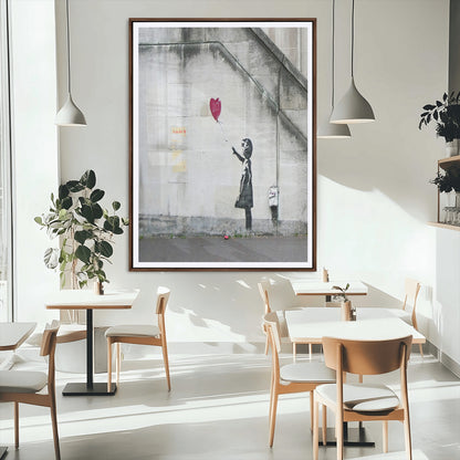 35033-MGC-FP-24x36_Walnut-Balloon Girl Wall Art Canvas Print, Framed Street Banksy Art Picture Print, Urban Contrast Perfect Minimal Urban Decor Artwork