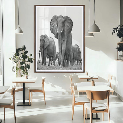 79634-MGC-FP-24x36_Walnut-Elephant Herd Wall Art Canvas Print, Framed African Elephant Art Picture Print, Monochrome Wildlife Perfect Monochrome Safari