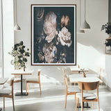 47195-MGC-FP-24x36_Walnut-Moody Peonies Wall Art Canvas Print, Framed Dark Floral Art Picture Print, Creamy Rose Perfect Baroque Floral Decor Artwork