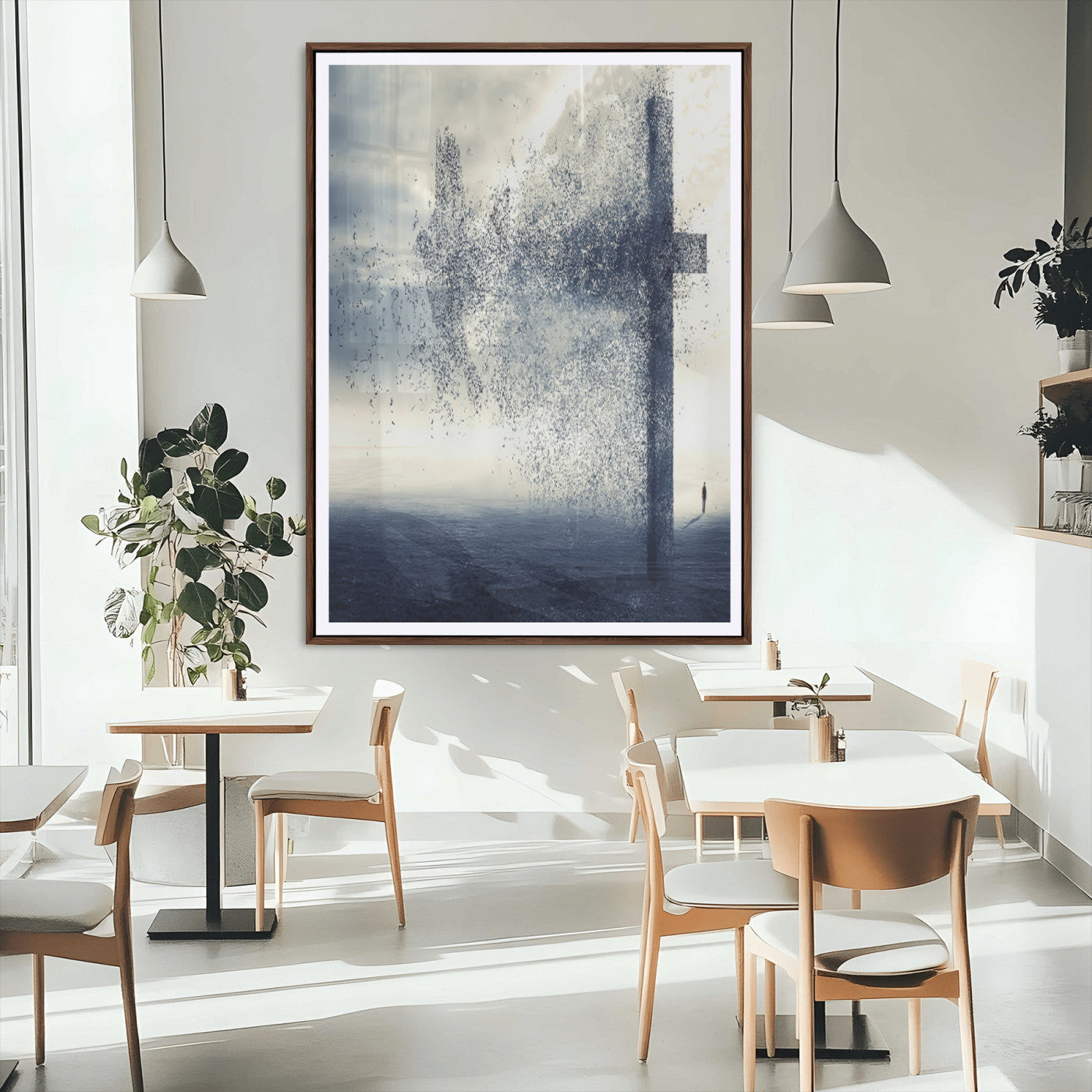 98984-MGC-FP-24x36_Walnut-Disintegrating Cross Wall Art Canvas Print, Framed Abstract Symbol Art Picture Print, Conceptual Horizon Perfect Spiritual