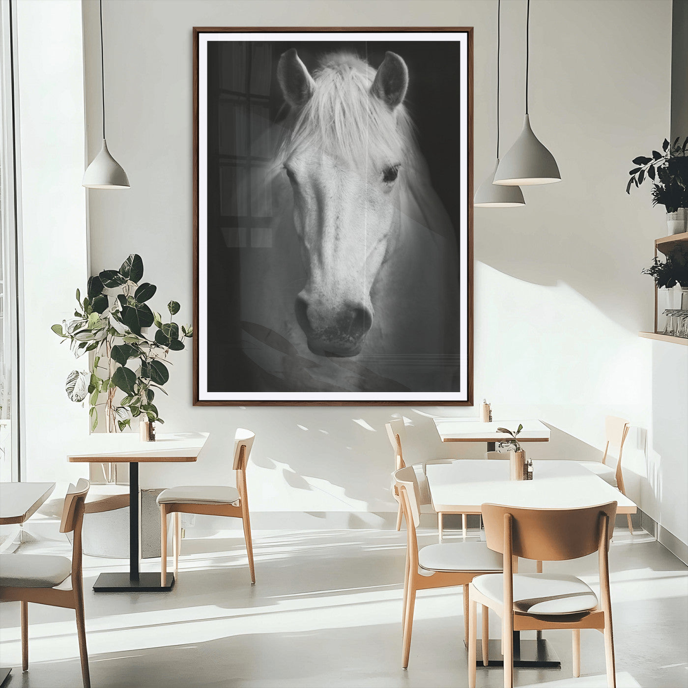 36639-MGC-FP-24x36_Walnut-Large Wall Art White Horse on Black Background Canvas Print