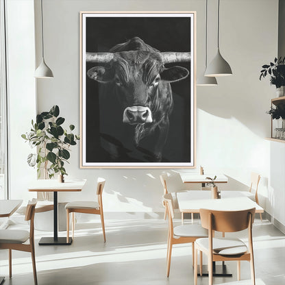75358747-MGC-FP-24x36_Natural-Texas Longhorn Wall Art Canvas Print, Framed Monochrome Bull Art Picture Print, Horned Bull Perfect Minimalist Western Decor