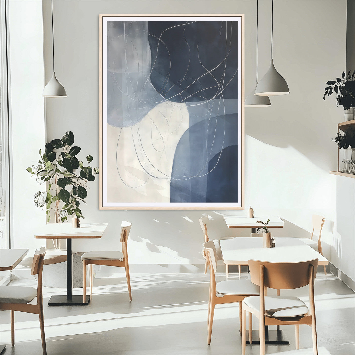 62566633-MGC-FP-24x36_Natural-Navy Abstract Wall Art Canvas Print, Framed Minimal Lineart Art Picture Print, Abstract Shapes Perfect Minimalist Abstract Decor