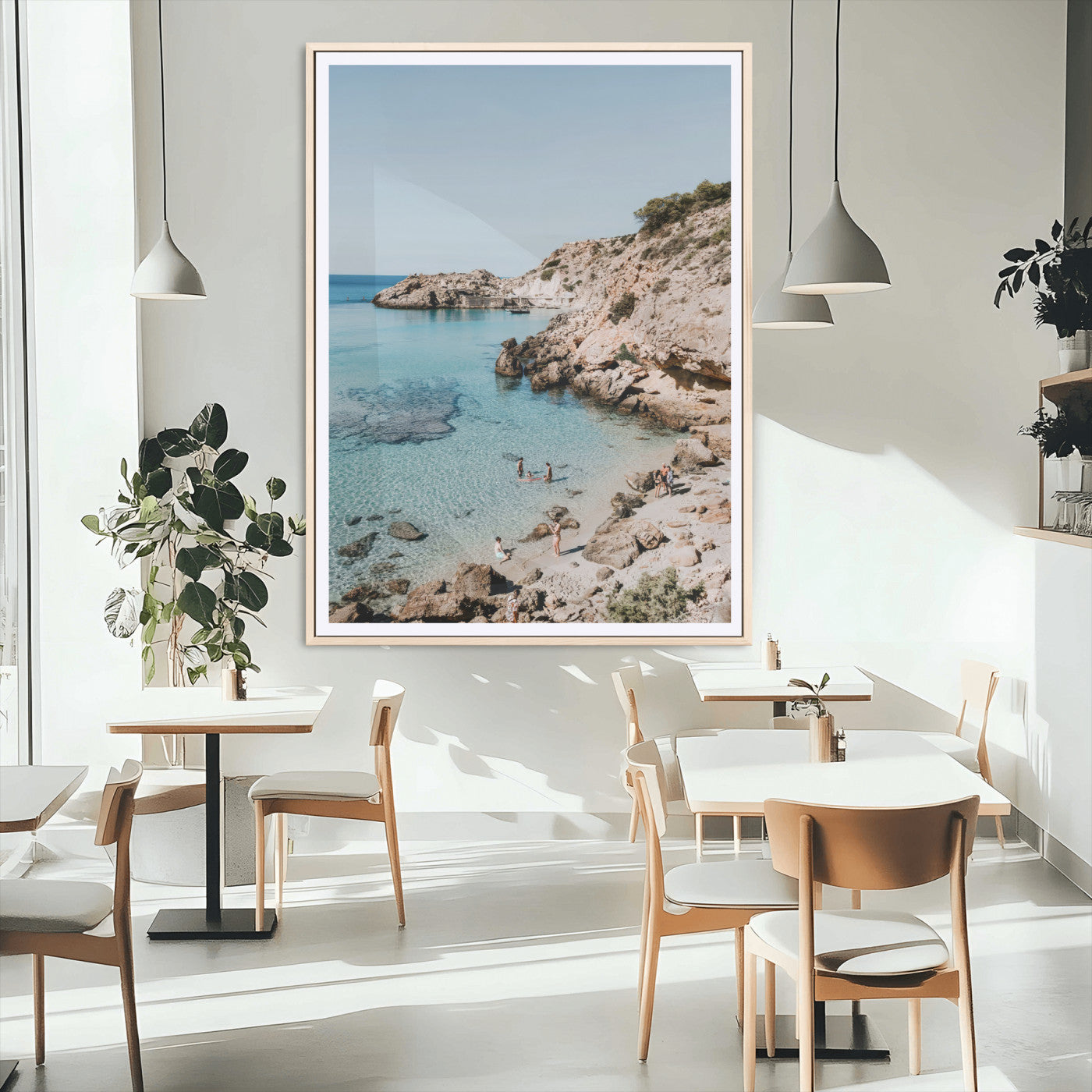 97854283-MGC-FP-24x36_Natural-Turquoise Cove Wall Art Canvas Print, Framed Ibiza Beach Art Picture Print, Mediterranean Shore Perfect Boho Coastal Decor Artwork