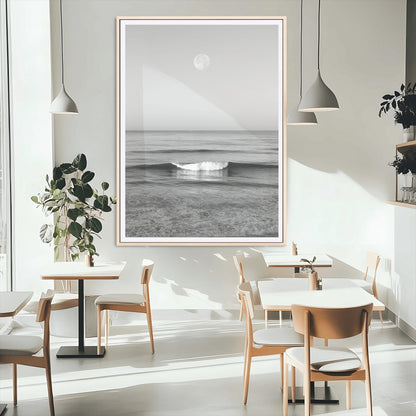 96234442-MGC-FP-24x36_Natural-Black White Ocean Scene Wall Art Canvas Print, Framed Full Moon Over Sea Art Picture Print, Tranquil Coastal Canvas Perfect