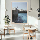 96853328-MGC-FP-24x36_Natural-Cliff Diving Wall Art Canvas Print, Framed Turquoise Sea Art Picture Print, Ocean Adventure Perfect Coastal Minimalist Decor