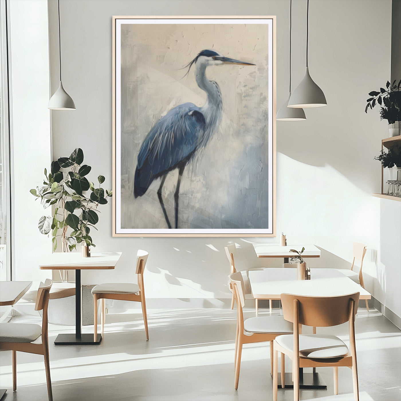 51380726-MGC-FP-24x36_Natural-Blue Heron Decor Wall Art Canvas Print, Framed Coastal Bird Design Art Picture Print, Minimal Heron Portrait Perfect Coastal