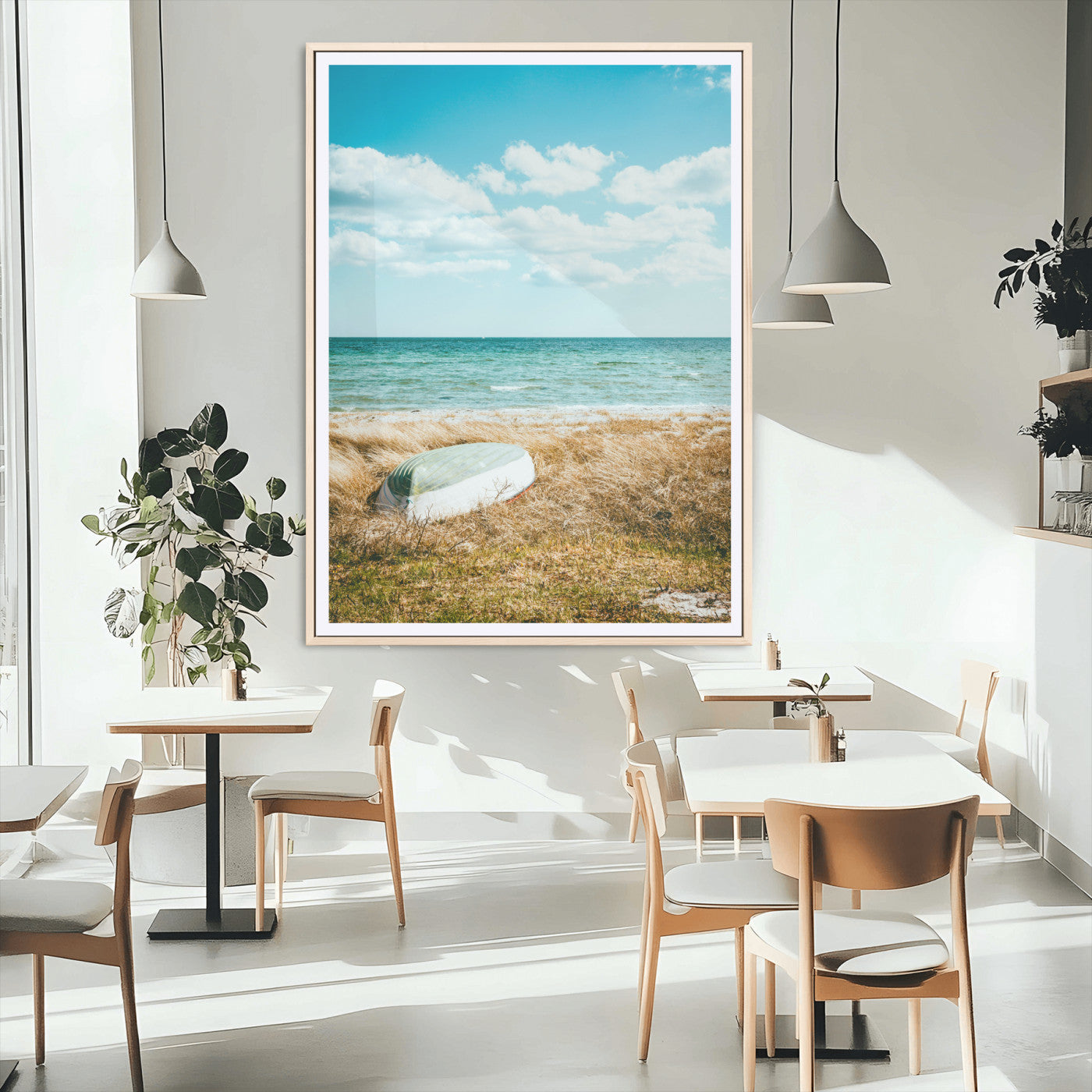 21725303-MGC-FP-24x36_Natural-Coastal Serenity Wall Art Canvas Print, Framed Ocean View Art Picture Print, Rustic Boat Perfect Nautical Coastal Decor Artwork