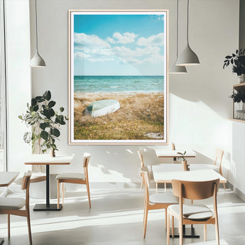 21725303-MGC-FP-24x36_Natural-Coastal Serenity Wall Art Canvas Print, Framed Ocean View Art Picture Print, Rustic Boat Perfect Nautical Coastal Decor Artwork