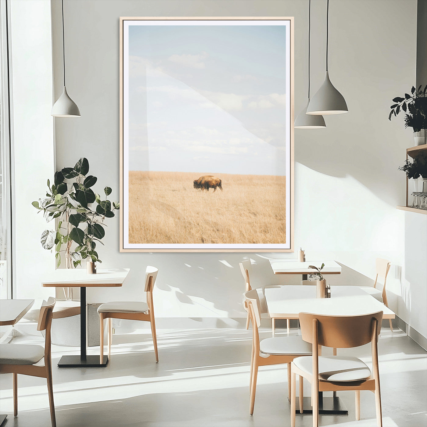 96766166-MGC-FP-24x36_Natural-Minimalist Nature Wall Art Canvas Print, Framed Bison In Grassland Art Picture Print, Open Field Perfect Modern Ranch Decor Decor