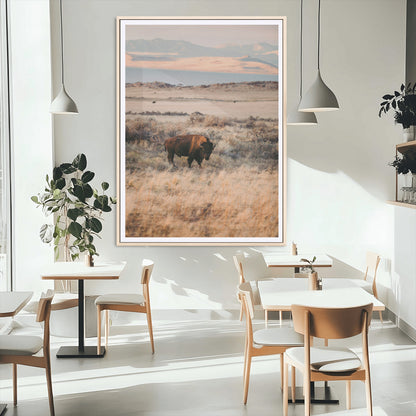 75146693-MGC-FP-24x36_Natural-Solitary Buffalo Wall Art Canvas Print, Framed Golden Prairie Art Picture Print, Earthy Tones Perfect Rustic Western Decor Artwork