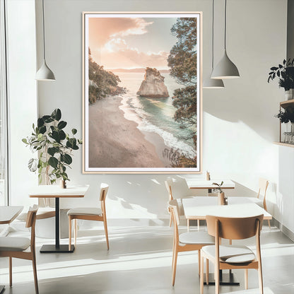 34220311-MGC-FP-24x36_Natural-Coastal Rock Wall Art – Sunset Beach Canvas Print with Ocean Waves and Golden Light, Scenic Seaside Photography for Bedroom,