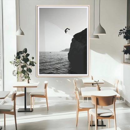36618494-MGC-FP-24x36_Natural-Modern Wall Art – Cliff Diver Black and White Canvas Print, Bold Ocean Photography Decor for Bedroom, Living Room, Office, Coastal