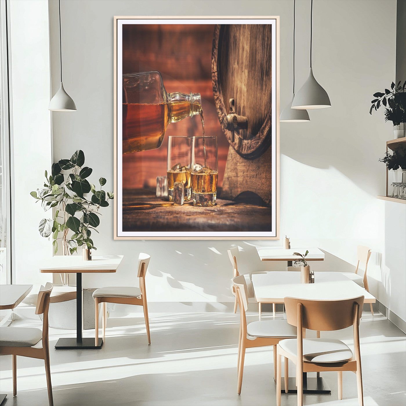 88529-MGC-FP-24x36_Natural-Whiskey Bottle Wall Art Canvas Print, Framed Amber Liquor Art Picture Print, Rustic Barrel Perfect Rustic Vintage Decor Artwork