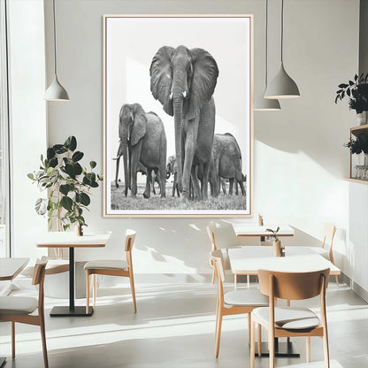 79634-MGC-FP-24x36_Natural-Elephant Herd Wall Art Canvas Print, Framed African Elephant Art Picture Print, Monochrome Wildlife Perfect Monochrome Safari