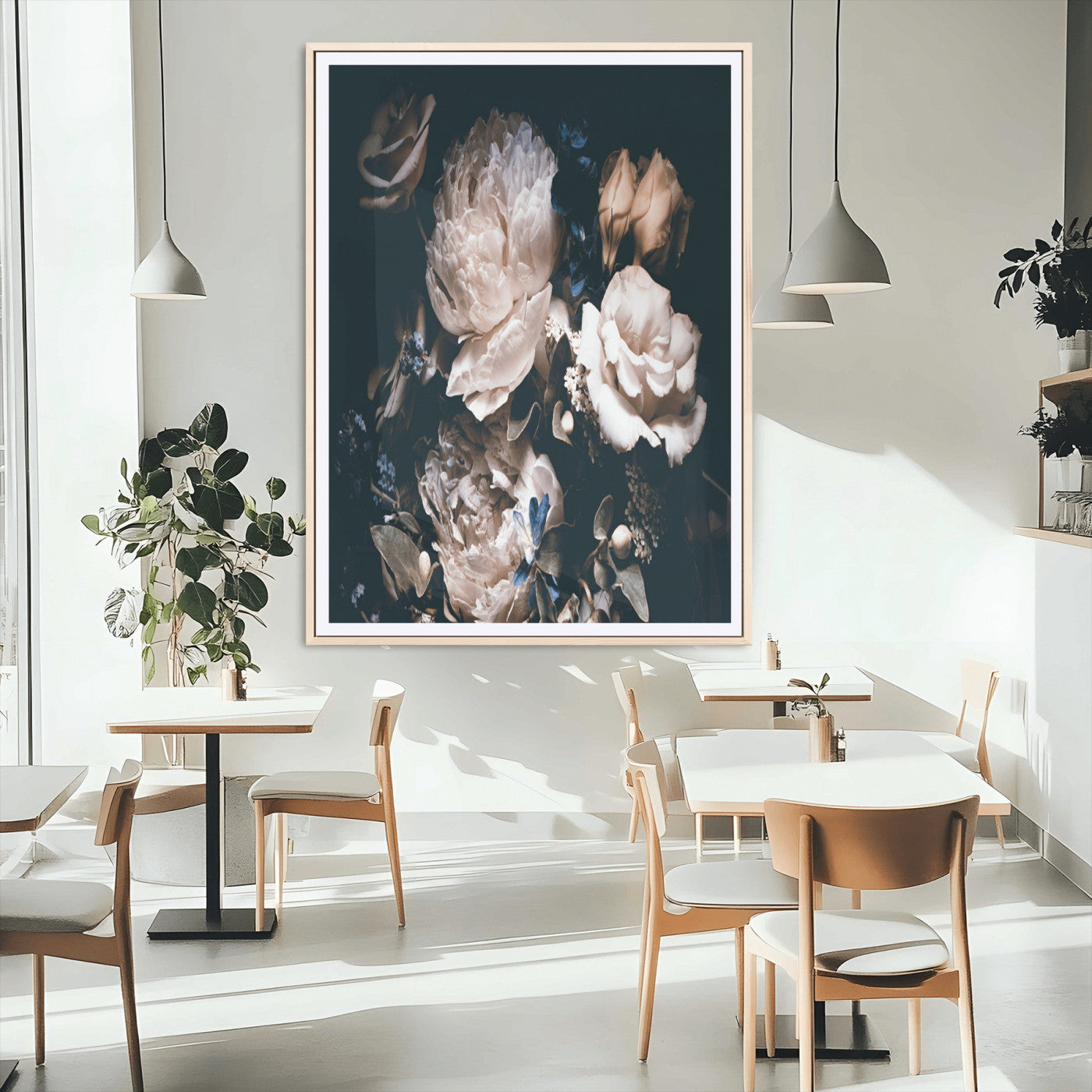 47195-MGC-FP-24x36_Natural-Moody Peonies Wall Art Canvas Print, Framed Dark Floral Art Picture Print, Creamy Rose Perfect Baroque Floral Decor Artwork