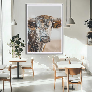 50803532-MGC-FP-24x36_White-Texas Longhorn Wall Art Canvas Print, Framed Speckled Cow Art Picture Print, Horned Bull Perfect Rustic Western Decor Artwork