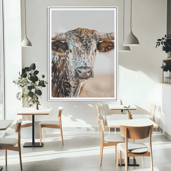 50803532-MGC-FP-24x36_White-Texas Longhorn Wall Art Canvas Print, Framed Speckled Cow Art Picture Print, Horned Bull Perfect Rustic Western Decor Artwork