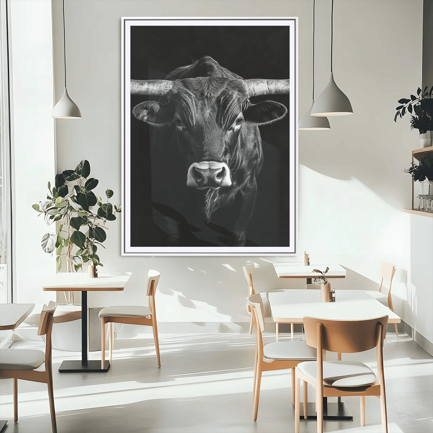 75358747-MGV-CV-24X36-Texas Longhorn Wall Art Canvas Print, Framed Monochrome Bull Art Picture Print, Horned Bull Perfect Minimalist Western Decor