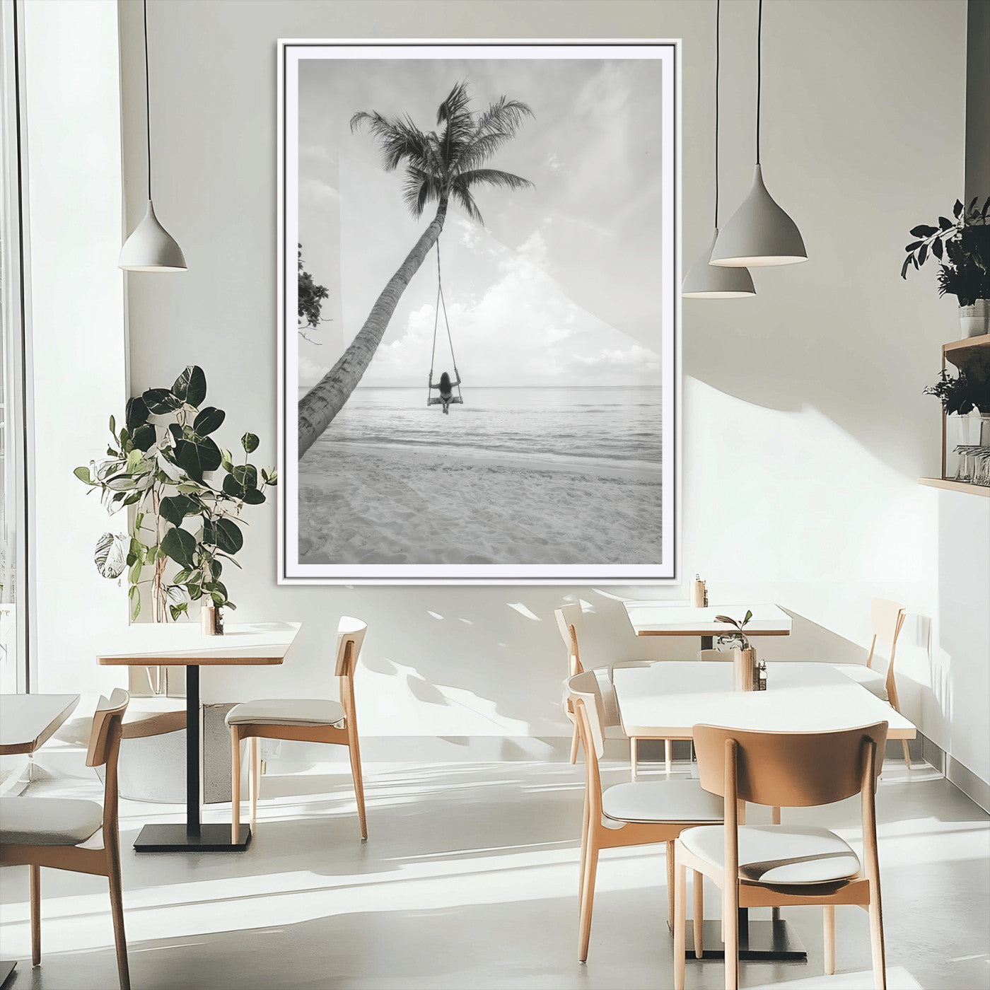 78460277-MGV-CV-24X36-Black White Palms Wall Art Canvas Print, Framed Beach Swing Art Picture Print, Monochrome Coastal Perfect Minimalist Coastal Decor