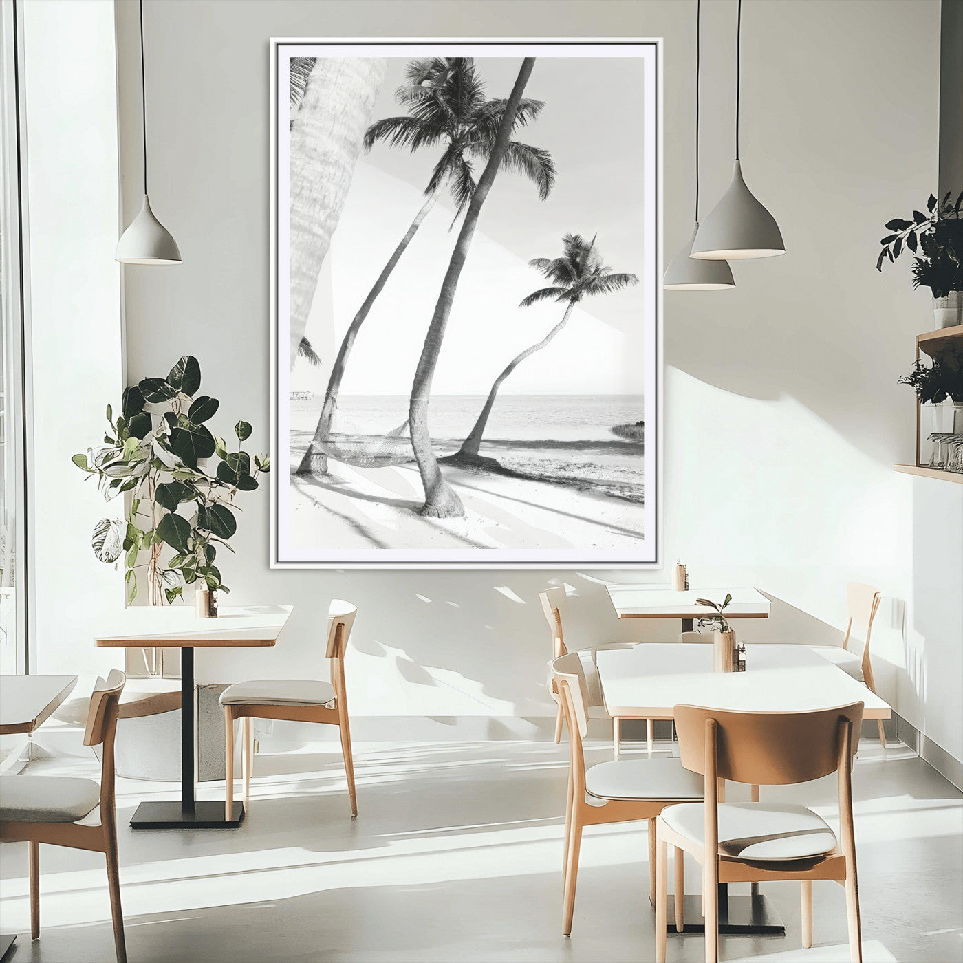 50406026-MGC-FP-24x36_White-Black White Palms Wall Art Canvas Print, Framed Tropical Beach Art Picture Print, Minimalist Coastal Perfect Coastal Minimalist