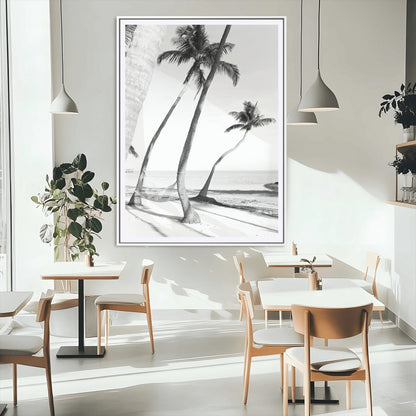 50406026-MGC-FP-24x36_White-Black White Palms Wall Art Canvas Print, Framed Tropical Beach Art Picture Print, Minimalist Coastal Perfect Coastal Minimalist
