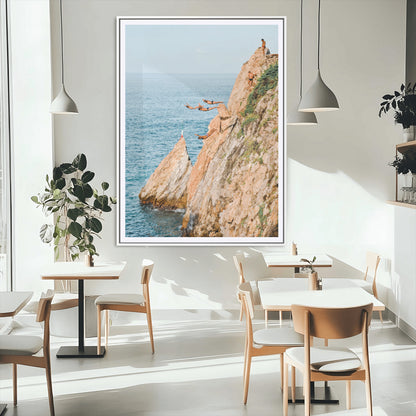 74527880-MGV-CV-24X36-Cliff Divers Wall Art Canvas Print, Framed Ocean Adventure Art Picture Print, Coastal Movement Perfect Adventurous Coastal Decor