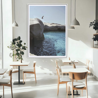 96853328-MGC-FP-24x36_White-Cliff Diving Wall Art Canvas Print, Framed Turquoise Sea Art Picture Print, Ocean Adventure Perfect Coastal Minimalist Decor