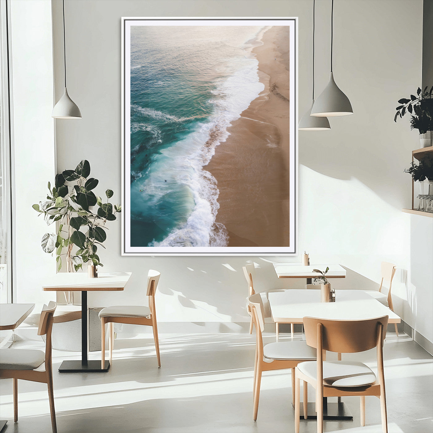 46042804-MGV-CV-24X36-Aerial Beach Wall Art Canvas Print, Framed Coastal Waves Art Picture Print, Turquoise Ocean Perfect Modern Coastal Decor Artwork
