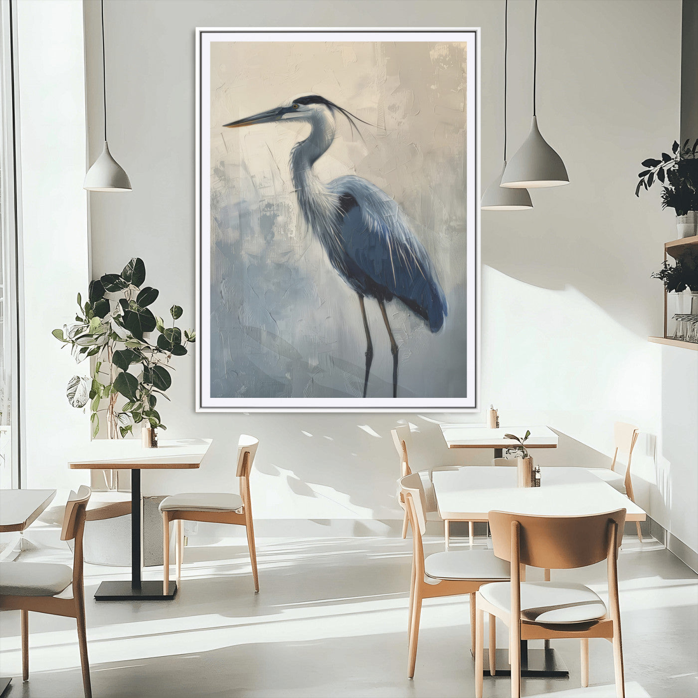 68368019-MGC-FP-24x36_White-Blue Heron Art Wall Art Canvas Print, Framed Crane Bird Painting Art Picture Print, Elegant Wildlife Scene Perfect Coastal