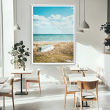 21725303-MGC-FP-24x36_White-Coastal Serenity Wall Art Canvas Print, Framed Ocean View Art Picture Print, Rustic Boat Perfect Nautical Coastal Decor Artwork