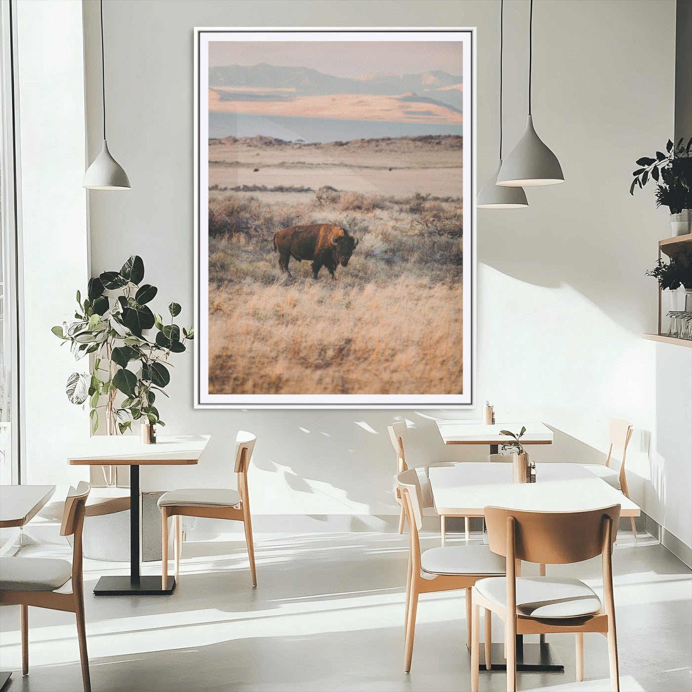 75146693-MGC-FP-24x36_White-Solitary Buffalo Wall Art Canvas Print, Framed Golden Prairie Art Picture Print, Earthy Tones Perfect Rustic Western Decor Artwork