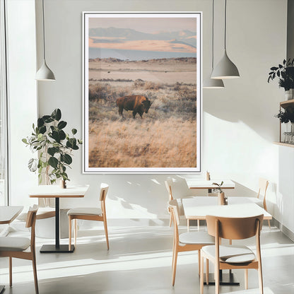75146693-MGC-FP-24x36_White-Solitary Buffalo Wall Art Canvas Print, Framed Golden Prairie Art Picture Print, Earthy Tones Perfect Rustic Western Decor Artwork