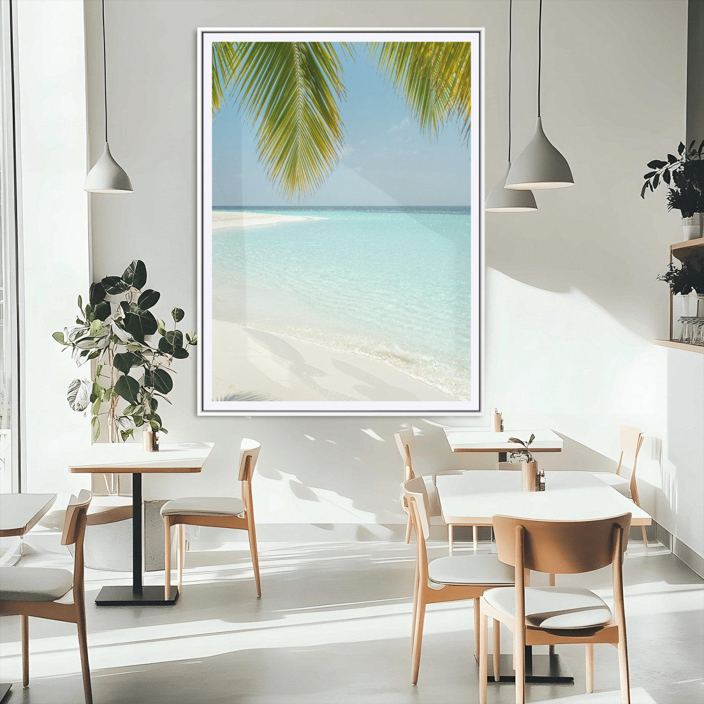 90359351-MGC-FP-24x36_White-Azure Water Wall Art Canvas Print, Framed Tranquil Island Escape Art Picture Print, Clear Blue Ocean Perfect Coastal Minimalist