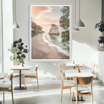 34220311-MGC-FP-24x36_White-Coastal Rock Wall Art – Sunset Beach Canvas Print with Ocean Waves and Golden Light, Scenic Seaside Photography for Bedroom,