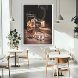 13274-MGC-FP-24x36_White-Whiskey Glass Wall Art Canvas Print, Framed Smoking Cigar Art Picture Print, Amber Whiskey Perfect Masculine Rustic Decor Artwork