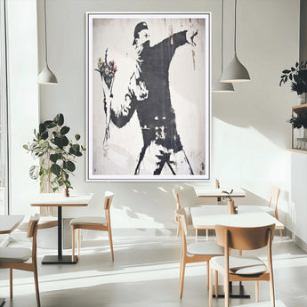 64032-MGC-FP-24x36_White-Flower Thrower Wall Art Canvas Print, Framed Urban Protest Art Picture Print, Graffiti Style Perfect Urban Contemporary Decor