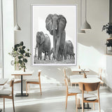 79634-MGC-FP-24x36_White-Elephant Herd Wall Art Canvas Print, Framed African Elephant Art Picture Print, Monochrome Wildlife Perfect Monochrome Safari