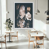 47195-MGC-FP-24x36_White-Moody Peonies Wall Art Canvas Print, Framed Dark Floral Art Picture Print, Creamy Rose Perfect Baroque Floral Decor Artwork