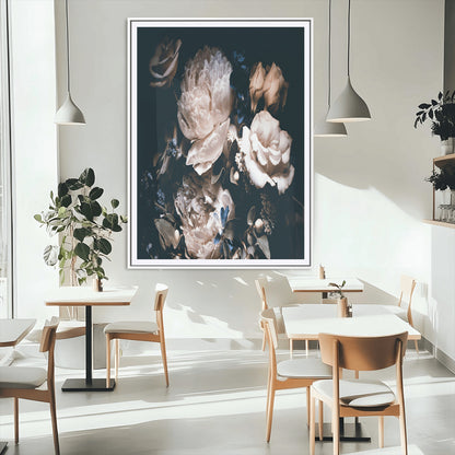 47195-MGC-FP-24x36_White-Moody Peonies Wall Art Canvas Print, Framed Dark Floral Art Picture Print, Creamy Rose Perfect Baroque Floral Decor Artwork