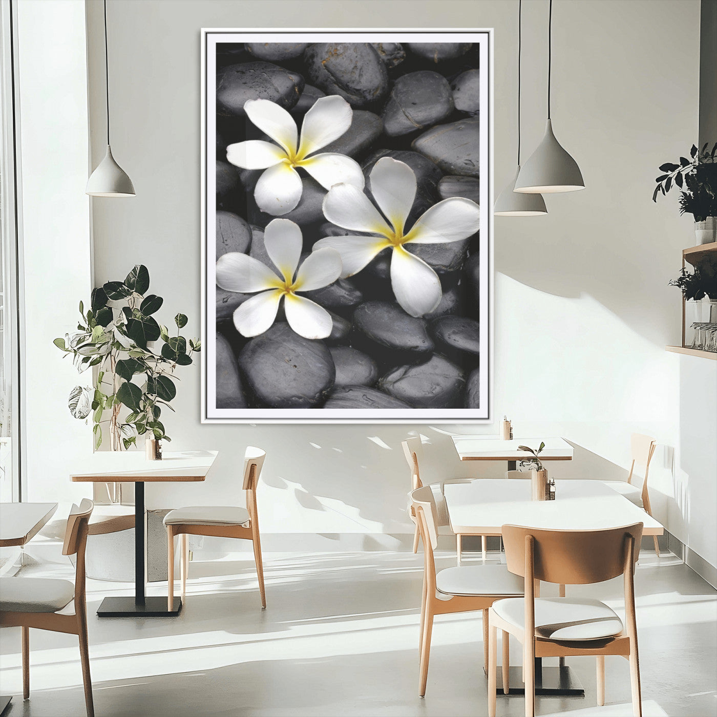 45657-MGC-FP-24x36_White-Large Wall Art White Flowers on Black Zen Meditation Stones Vertical Canvas Print