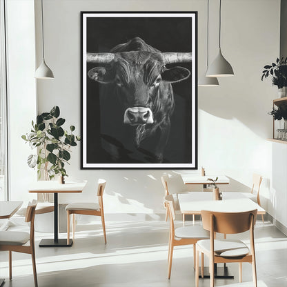 75358747-MGV-CV-24X36-Texas Longhorn Wall Art Canvas Print, Framed Monochrome Bull Art Picture Print, Horned Bull Perfect Minimalist Western Decor