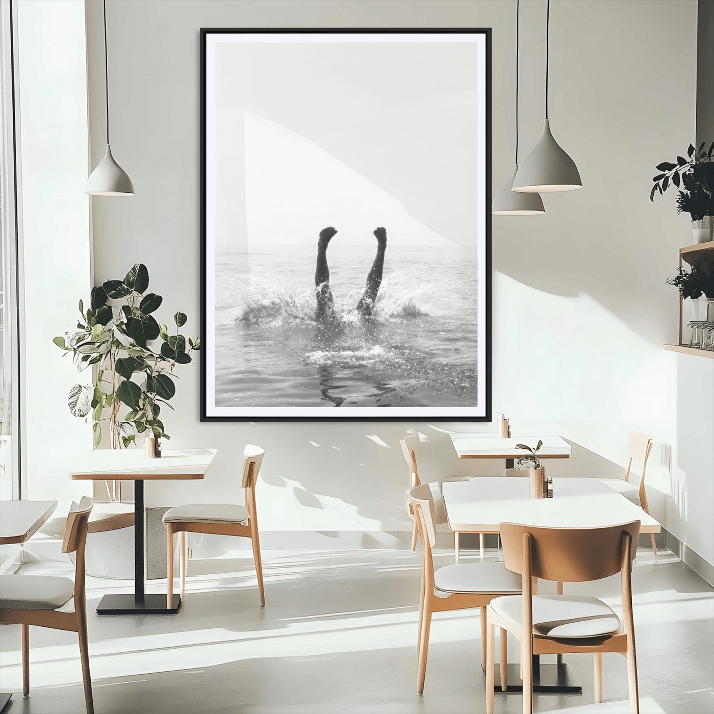 43900465-MGV-CV-24X36-Minimal Ocean Wall Art Canvas Print, Framed Monochrome Diving Art Picture Print, Swimmer in Sea Perfect Minimalist Coastal Decor