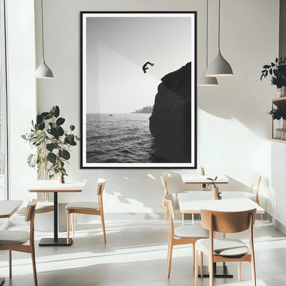 99497106-MGV-CV-24X36-Cliff Jumping Wall Art Canvas Print, Framed Black White Ocean Art Picture Print, Monochrome Cliff Perfect Minimalist Adventure