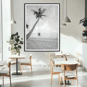 78460277-MGV-CV-24X36-Black White Palms Wall Art Canvas Print, Framed Beach Swing Art Picture Print, Monochrome Coastal Perfect Minimalist Coastal Decor